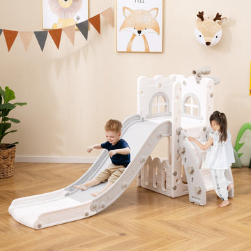 6-in-1 Toddler Slide L-shaped Playground with Basketball Hoop and Ladder