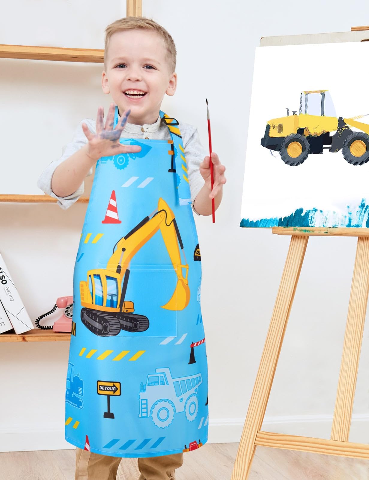 Wernnsai 2 Pack Kids Aprons - Truck Kids Art Aprons For Boys Waterproof Toddler Chef Aprons Cooking Baking Painting Gardening Apron For Kids With Pocket Kitchen Classroom Art Smocks Age 6-10 Years