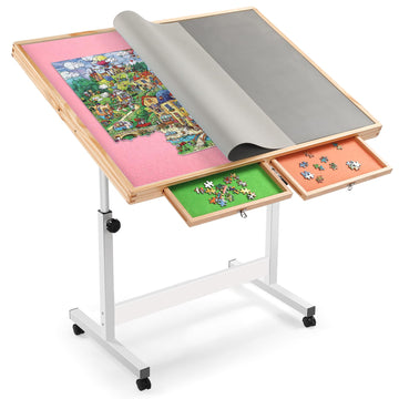 Vasitelan Adjustable Wooden Jigsaw Puzzle Table with Wheels, Puzzle Tables Fits 1500 Piece Puzzles,Wooden Puzzle Board for Adult