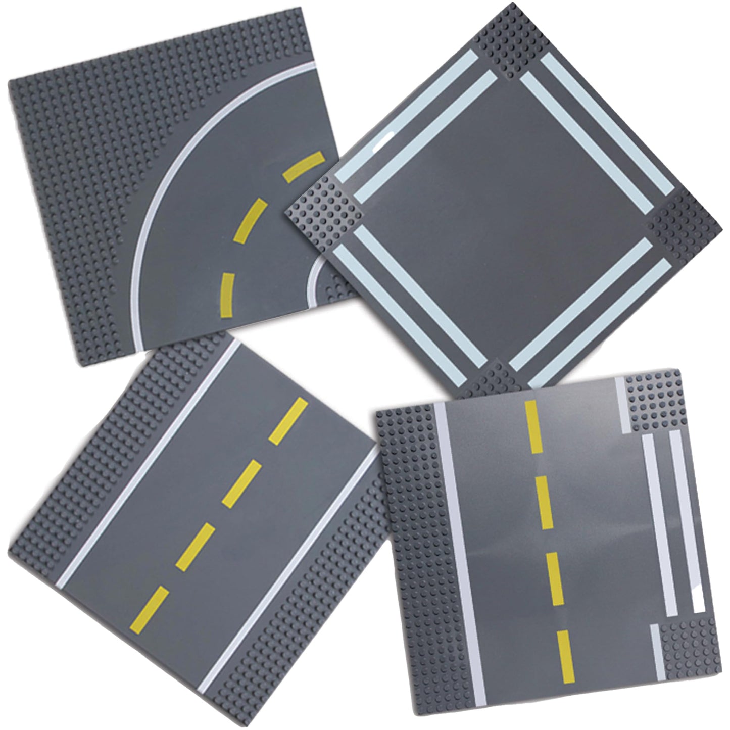 Strictly Briks Compatible With Lego Building Blocks Road Plates 10' X 10', 4 Pack Brick Baseplates For City Road, Street, Race Track, Classic Size (2 Straight + 1 Curved + 1 Intersection)