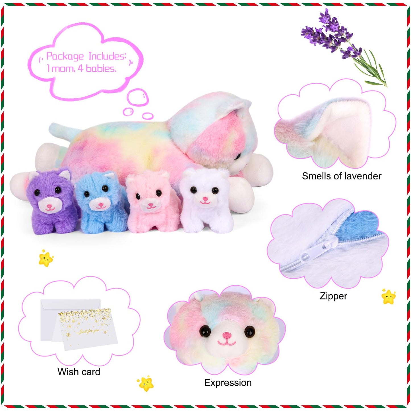 5 Pieces Cat Stuffed Animals For Girls, 1 Big Colorful Mommy Cat With 4 Mini Kittens, Soft Plush Toys For Kids Age 3 And Up, Gre