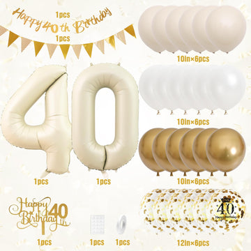 40Th Birthday Decorations Sand White Gold,40Th Birthday Balloons Beige Gold,Happy 40Th Birthday Banner With Cake Toppers Number