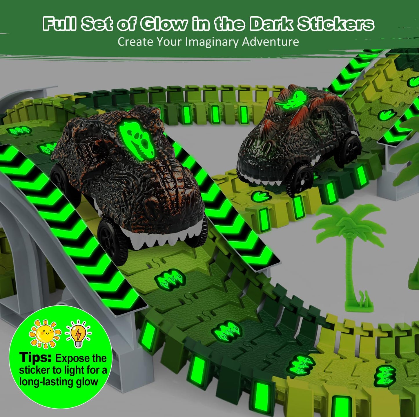 Dinosaur Toys, Create A Dinosaur World Road Race Tracks Glow in The Dark Flexible Train Track Playset, 2pcs Dinosaur Car for 3 4
