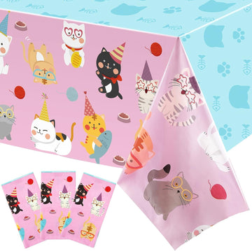 3 PCS Cat Tablecloth for Birthday Party Cat Themed Table Cover Decorations Cat Birthday Party Supplies Pink Tablecloth Kitten De