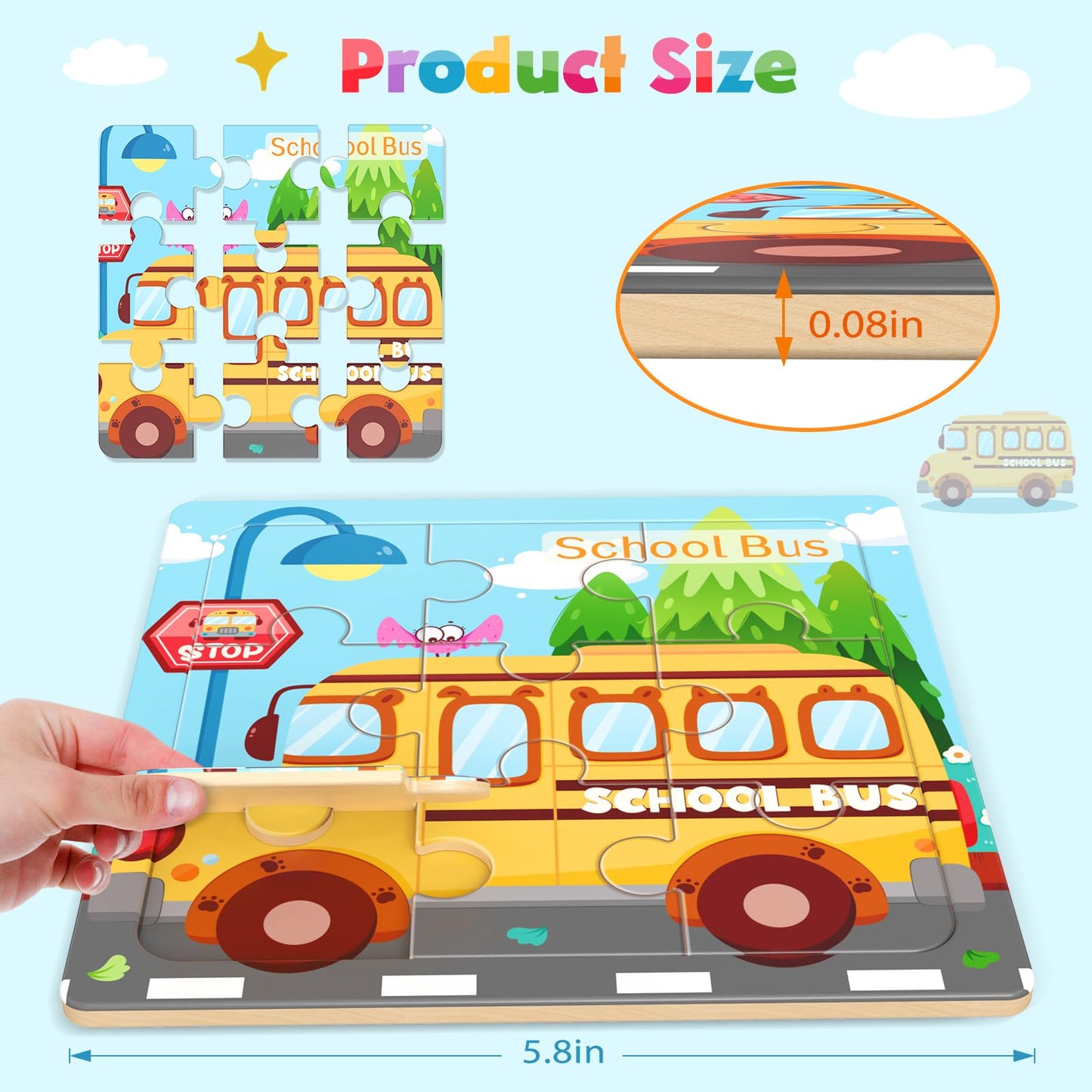 Zeoddler Wooden Puzzles For Toddlers, 8 Pack Vehicle Jigsaw Puzzles For Kids3-5, 9 Pieces Preschool Learning Activities, Learnin