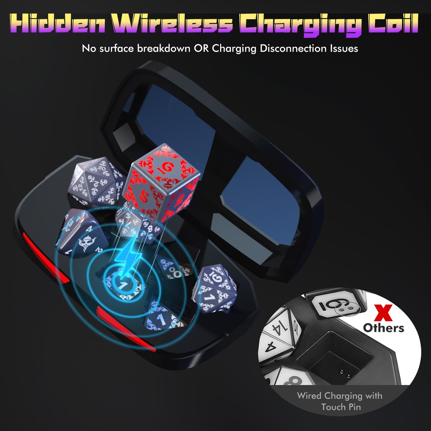 CooAoo Light Up DND Dice Set, Wireless Rechargeable Glowing Dice with Charging Box, 7 PCS Electronic Dice Set, LED RGB Polyhedra