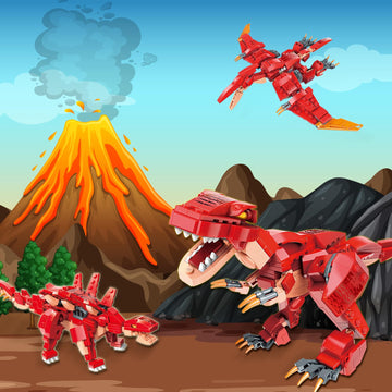 HSANHE 3 in 1 Dinosaurs Building Kits, 287PCS Educational Toys for Kids Age 6-10, Medium Size, Red, ABS Material