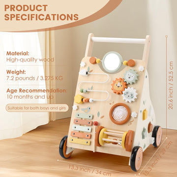 Pithfor Wooden Baby Walker, Baby Push Walker With Activity Center For Girls Boys, Push Walker Toys For Babies Learning To Walk,