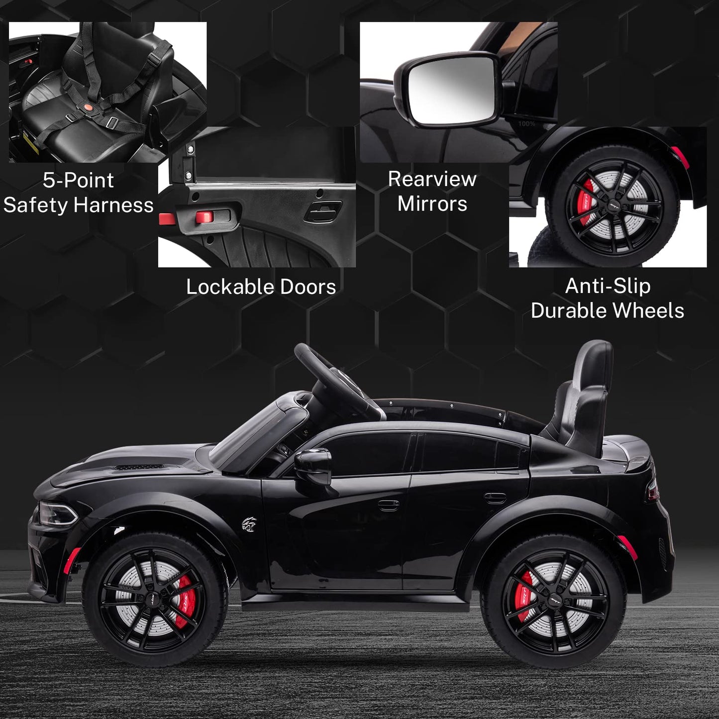 Enyopro 12V 7Ah Kids Electric Ride On Car, Licensed Dodge Charger Srt Hellcat, Battery Powered 4-Wheels Toy Car Electric Vehicle For Kids With Remote Control, 3 Speeds, Led Lights, Music (Black)