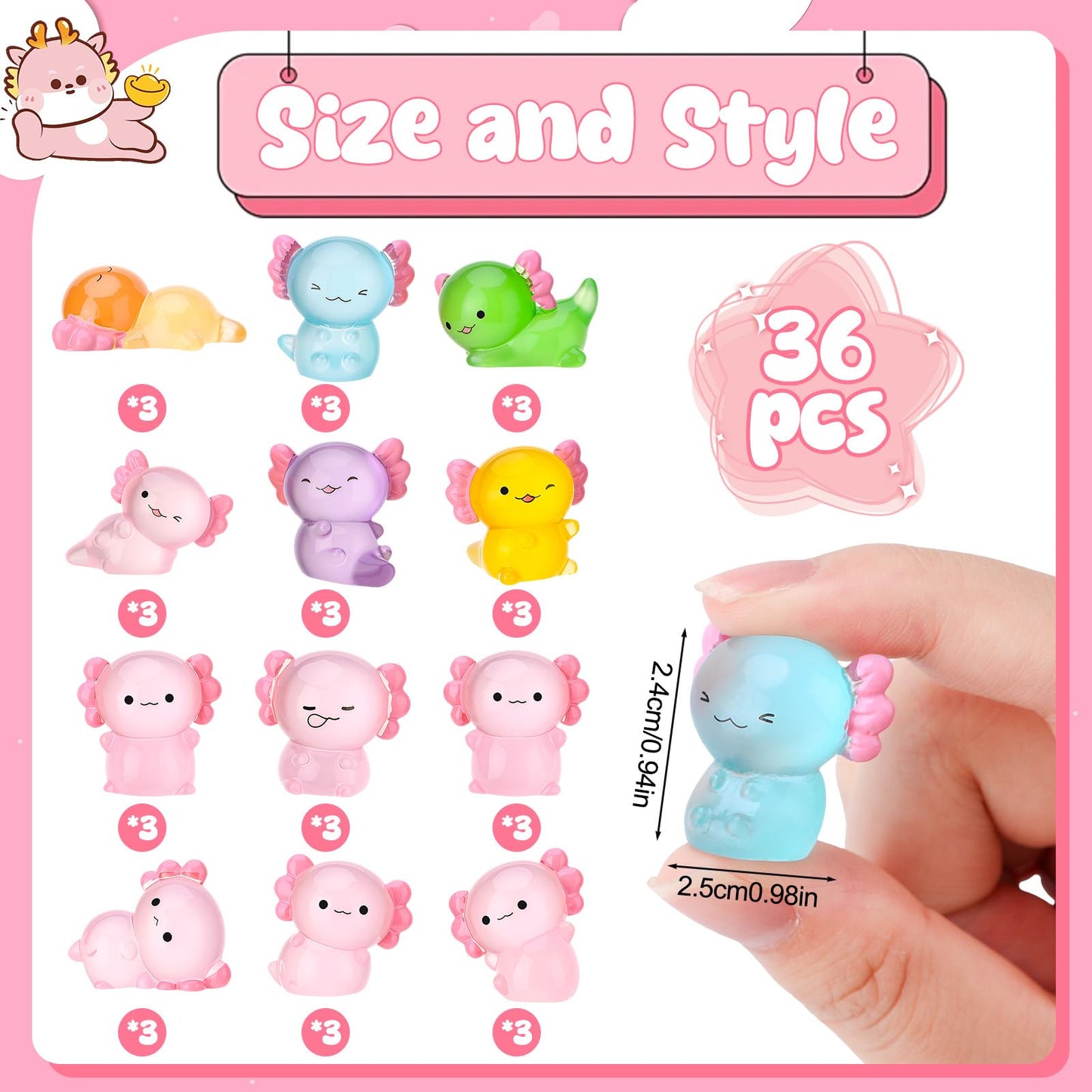 GGSTDDUP 36 Pcs Luminous Mini Resin Axolotls  Tiny Axolotl Miniature Figures Glow in The Dark Axolotl Charm Ornament for DIY Fairy Garden Dollhouse Landscape Aquarium (12 Styles)