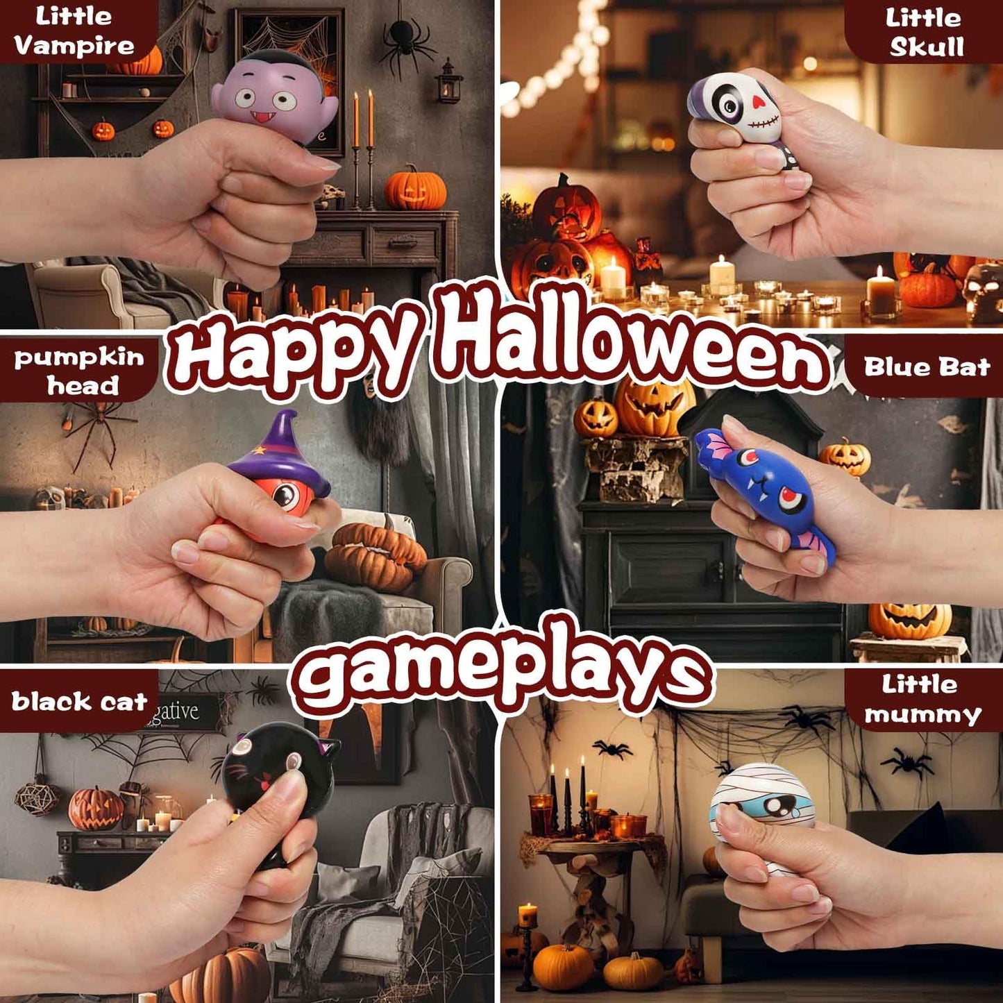 FauKait New 6 Packs-Halloween Squishies Toys Slow Rising, Gift Box Includes Pumpkin, Vampire,Black Cat,Mummy,Human Skeleton, Bat