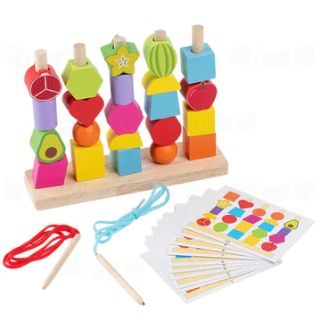 Kidology Montessori 2 In 1 Wooden Beads Sequencing Toy Set, Stacking Blocks, Lacing Beads, & Shape Matching Stacker, Educational