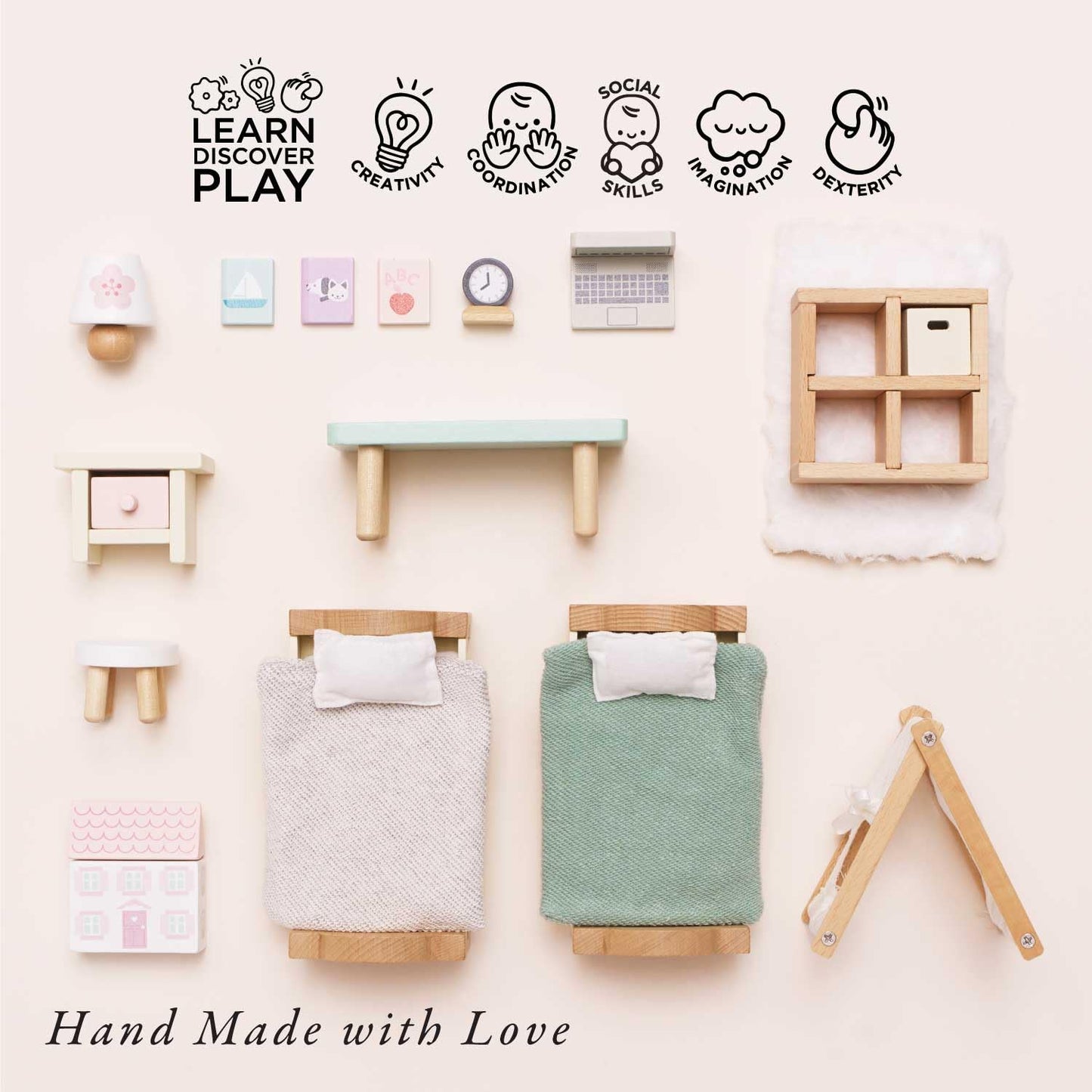 Le Toy Van - Sugarplum Wooden Bedroom Set | Dolls House Accessories Play Set For Dolls Houses | Girls And Boys Doll House Furnit