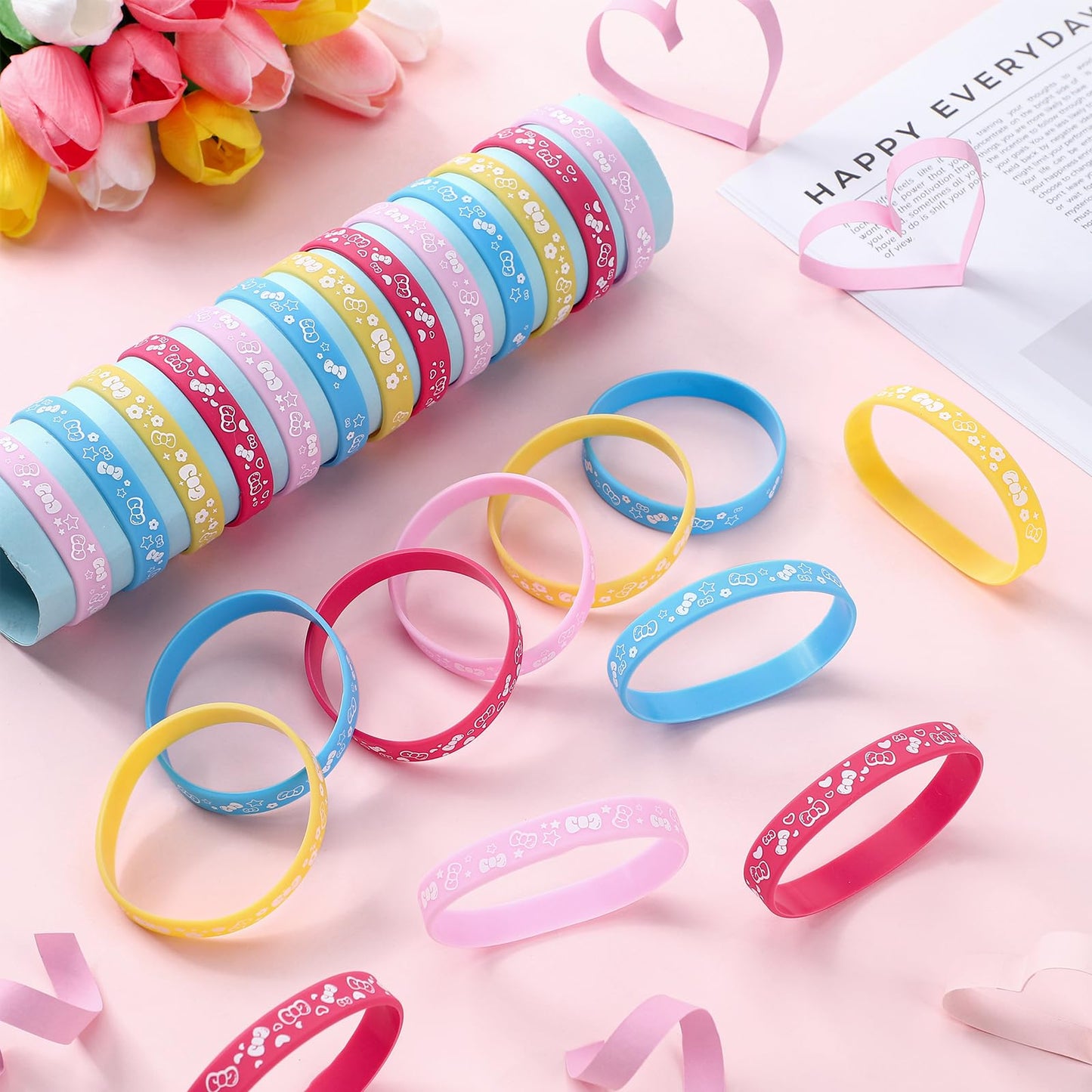 Landical 24 Pcs Cute Cartoon Pink Cat Party Favor Bow Tie Flower Patterns Silicone Bracelets Birthday Decorations For Cute Carto