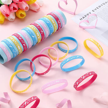 Landical 24 Pcs Cute Cartoon Pink Cat Party Favor Bow Tie Flower Patterns Silicone Bracelets Birthday Decorations For Cute Carto