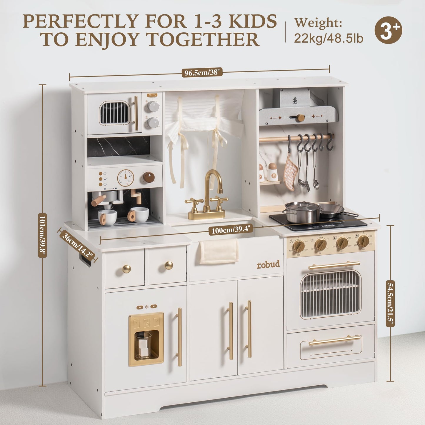 Robud Wooden Play Kitchen Set For Kids, Pretend Toy Kitchen With Ice Maker, Coffee Machine, Oven, Microwave, Cabinet, Utensils,