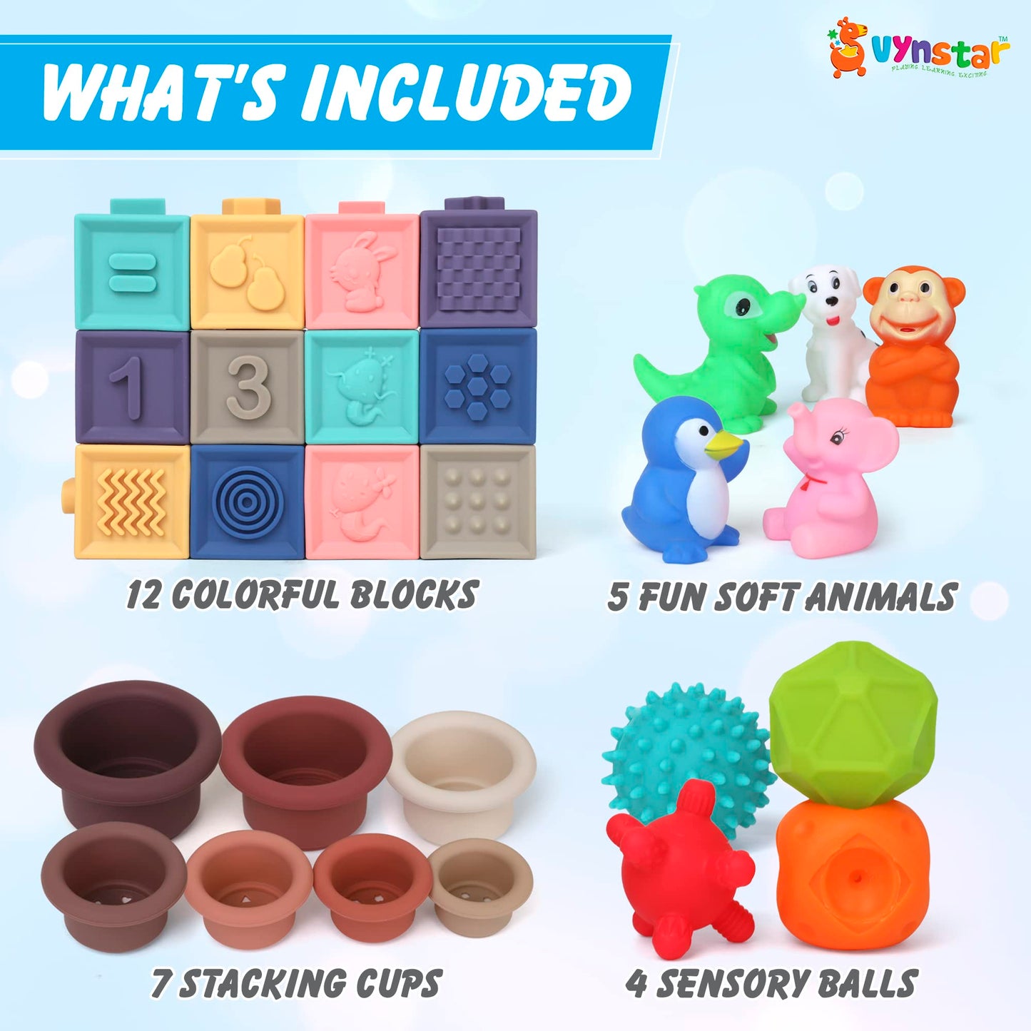 Vynstar Montessori Toys for Babies 6-12 Months & Up - 28-Piece Set of Silicone Baby Sensory Toys for Learning & Development - 4-