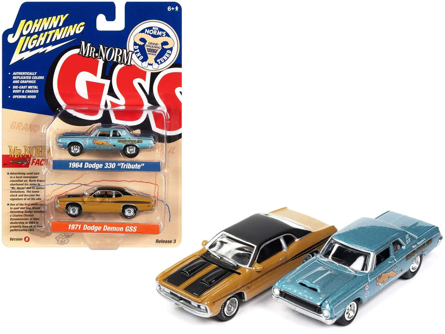 1964 Dodge 330 ''Mr. Norm - Grand Spaulding Dodge'' Blue Metallic and 1971 Dodge Demon GSS Butterscotch Orange with Black Top an