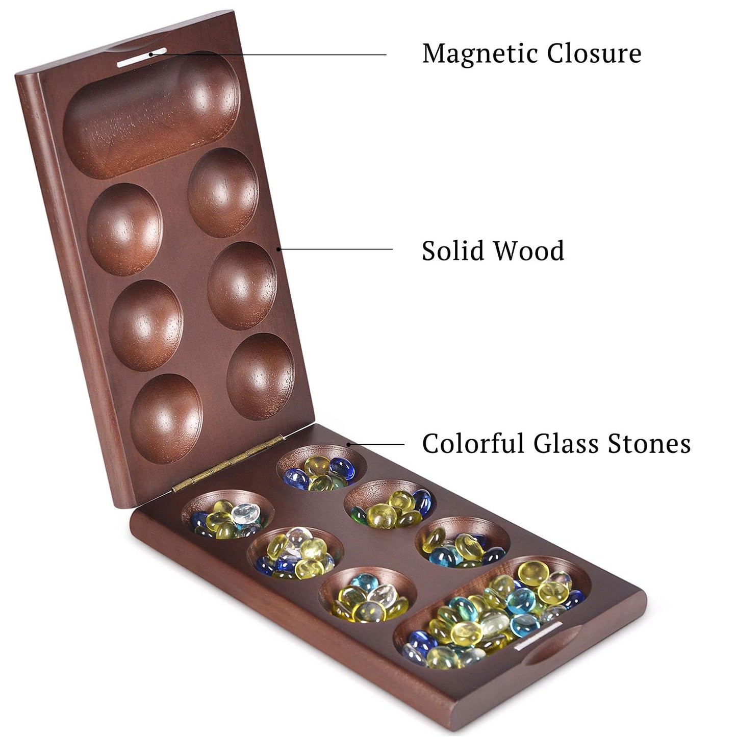 Vamslove Wooden Mancala Board Game With Magnetic Lock / 48+8 Extra Multi Color Glass Stones, Folding Mancala Set For 2 Player, 6 Age And Up (Instructions Included)