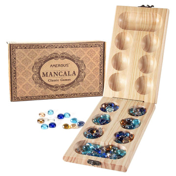 Amerous Wooden Mancala Board Game Set - Folding Board - 72+8 Bonus Multi Color Glass Stones - Gift Package - Mancale Instructions, Portable Travel Board Game For Kids And Adults