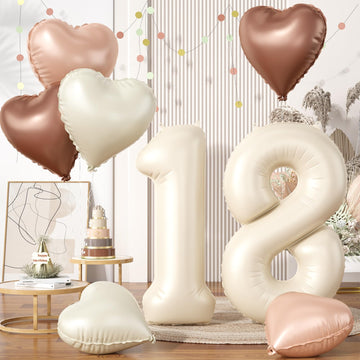 Biapian 40 Inch Cream Number 18 Balloons, 8Pcs Large Foil Number 1 & 8 Balloons With 18'' Cream White Heart Balloon Helium For 1