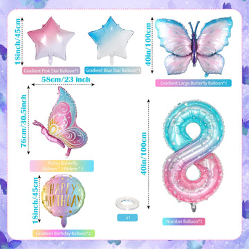 Butterfly Balloons 8Th Birthday Decorations For Girls, Gradient Pink Colorful Butterfly Foil Balloons, Giant Number 8 Foil Mylar