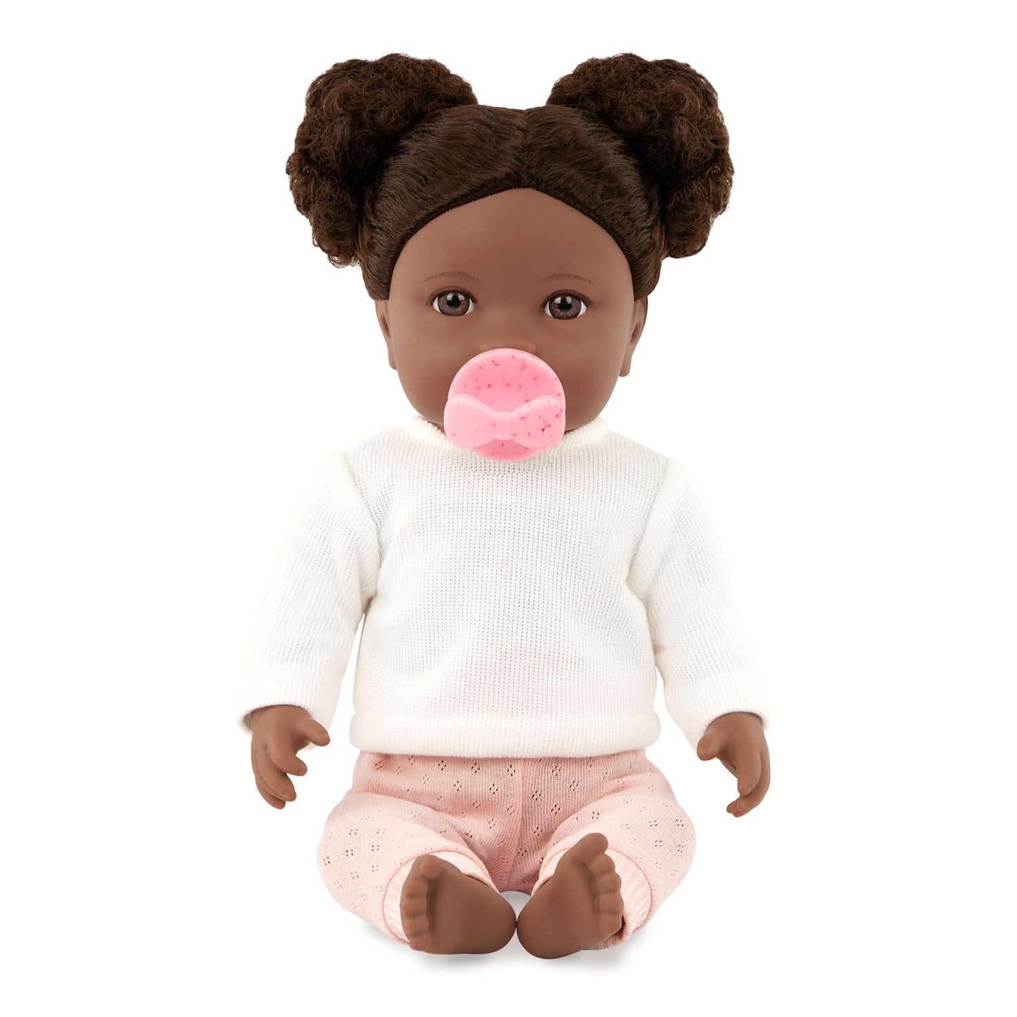 Lullababy - 14-Inch Realistic Baby Doll - Curly Dark-Brown Hair, Brown Eyes & Soft Body - Sweater & Pants Outfit, Hair Elastics