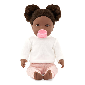 Lullababy - 14-Inch Realistic Baby Doll - Curly Dark-Brown Hair, Brown Eyes & Soft Body - Sweater & Pants Outfit, Hair Elastics