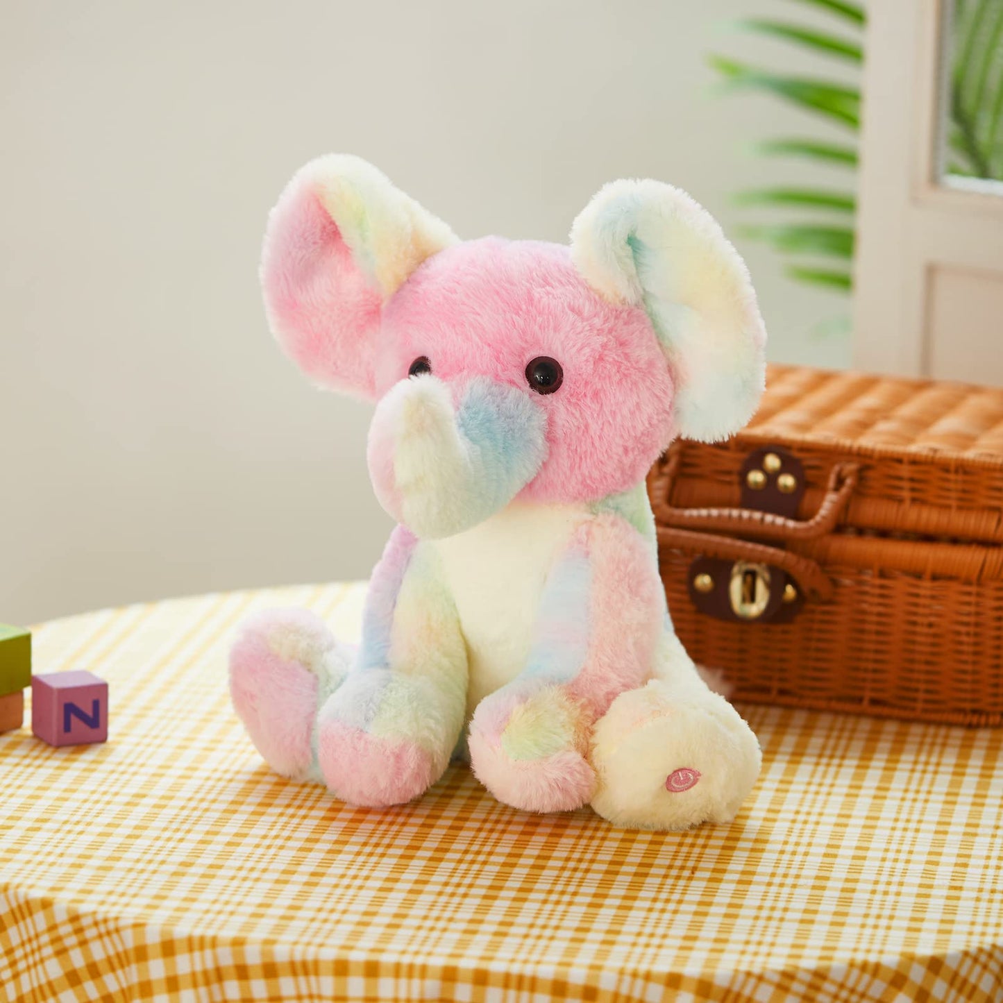 Glow Guards Rainbow Elephant Plush Toy - 12'' Musical LED Night Light & Lullaby for Kids, Soft Wildlife Gift