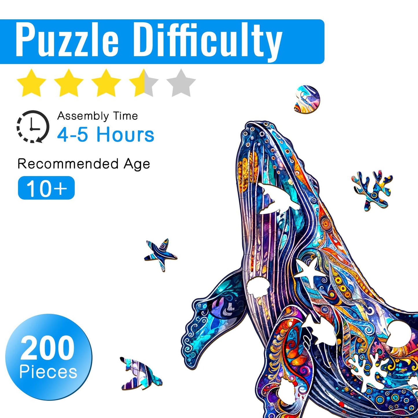 Aeekdook Wooden Puzzle for mature-themeds - Blue Whale Wood Puzzles mature-themed - Unique Animal Shape Wooden Jigsaw Puzzles for mature-themeds - Birthday Gifts for Puzzle Lovers  Family (12.2 * 9.7in)