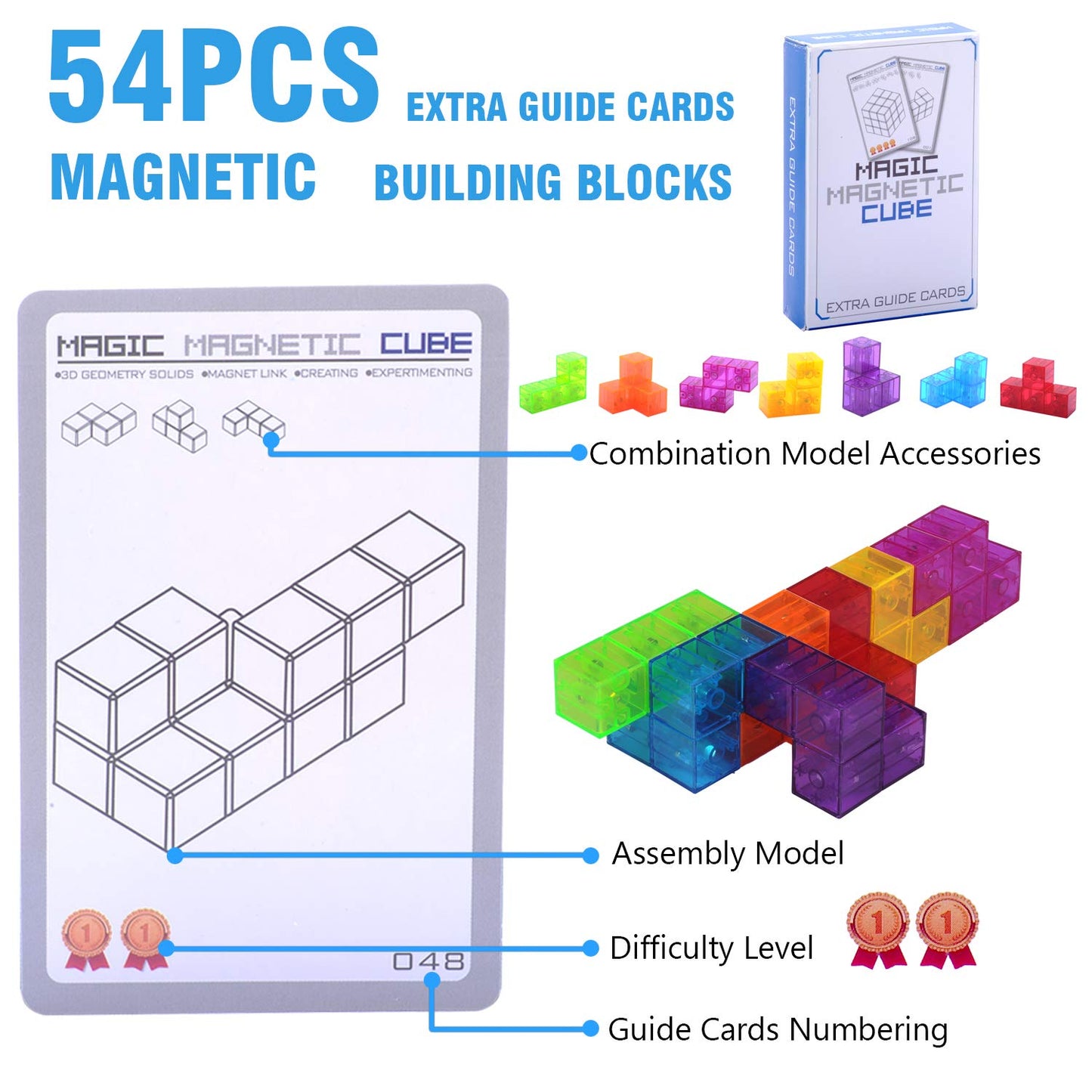 WorWoder Kids Magnetic Building Blocks Magic Magnetic 3D Puzzle Cubes, Set of 7 Multi Shapes Magnetic Blocks with 54 Guide Cards