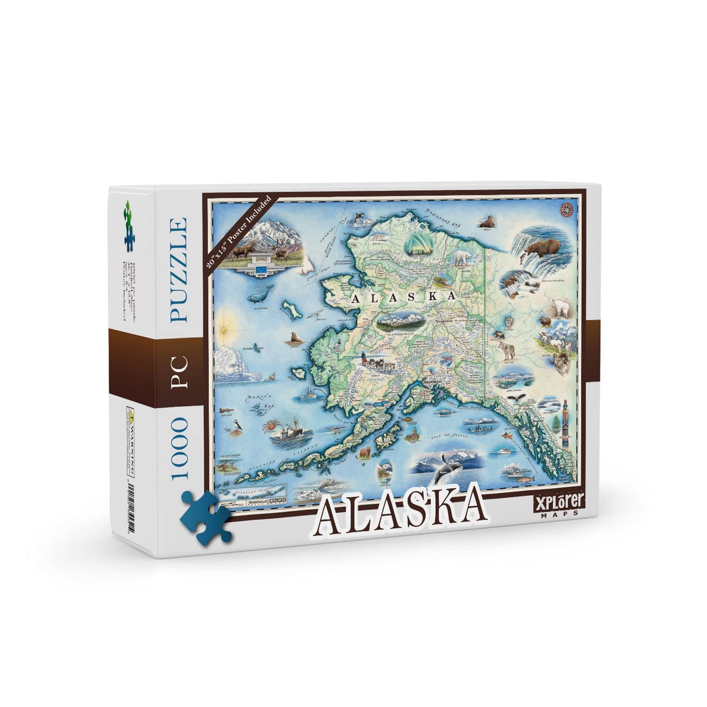 Alaska State Map Cardboard Jigsaw Puzzle - 1000 Pieces, Hand-Illustrated - Educational, Family Activity, Ages 7+, Includes Poste