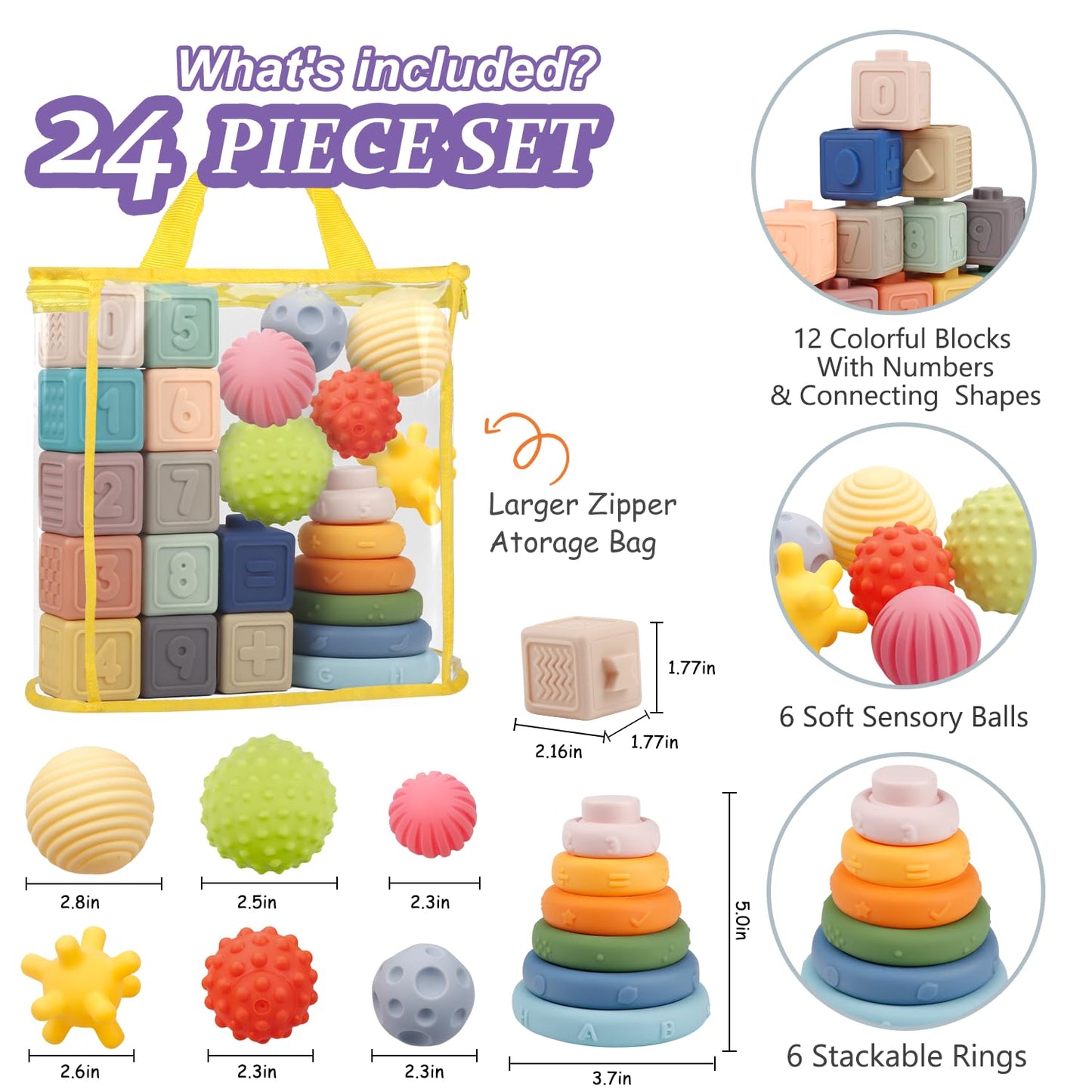 Montessori Toys For Babies,Soft Stacking Building Blocks Rings Balls Sets,3 In 1 Baby Toys Bundle,Sensory Toys For 6-12 Months, Soft Teething Toys For Babies,Baby Toys Easter Shower Gifts For Boy Girl