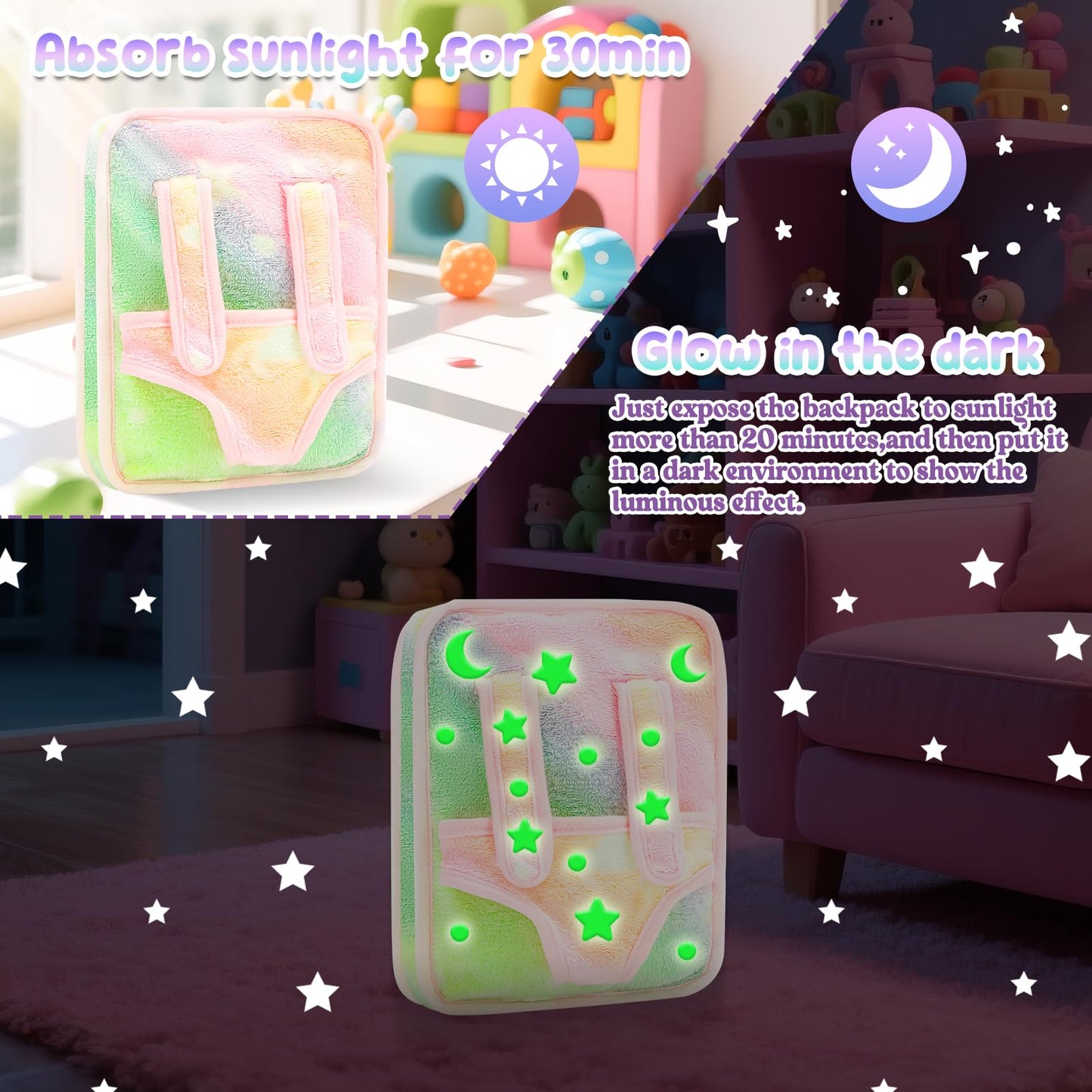 deAO 12 Inch Soft Baby Doll Backpack Glow in Dark Carrier Playset Toys Baby Care Doll Toys Set with 12''Doll Clothes Bottle Accessories Birthday Gift for Toddlers Boys Girls