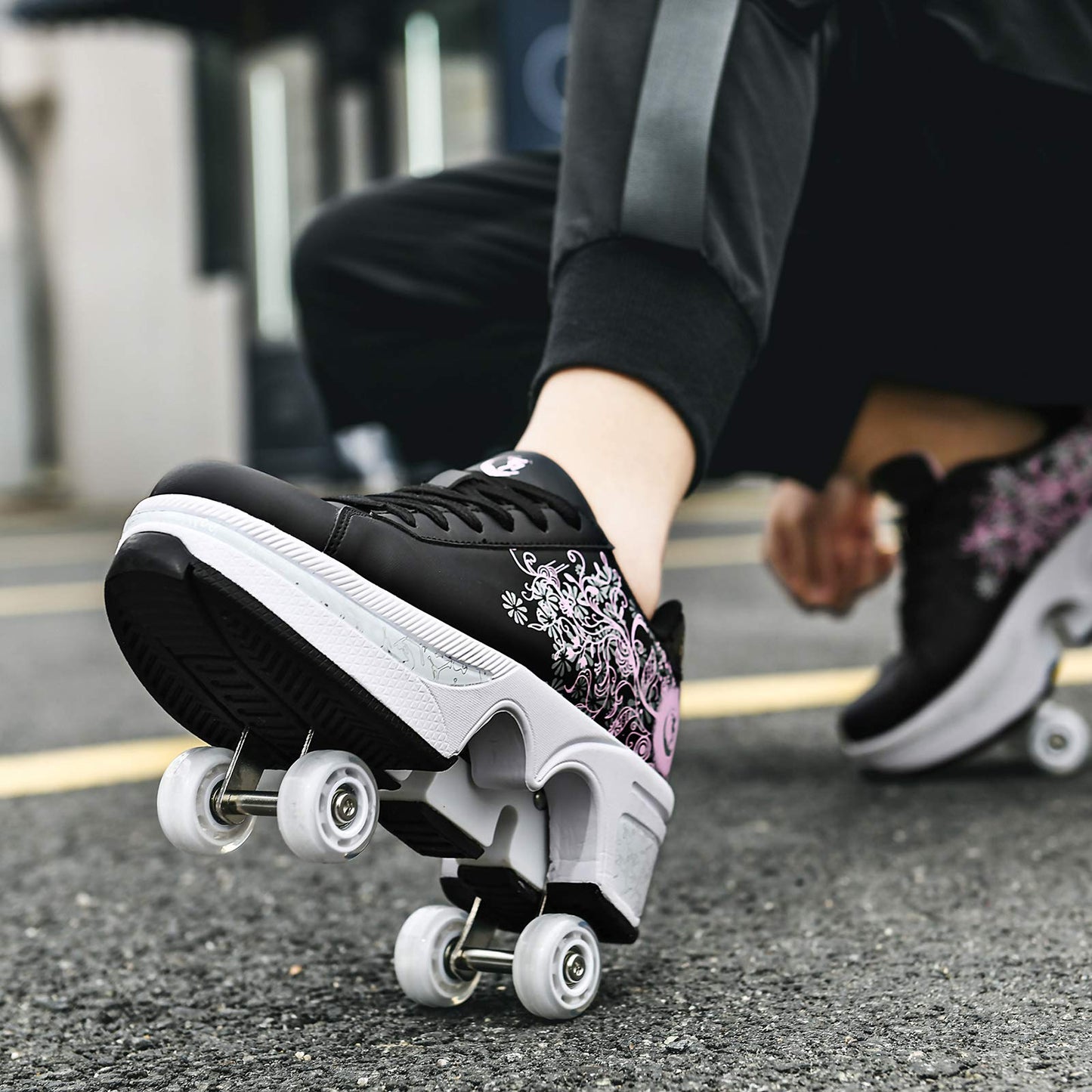 Double-Row Deform Wheel Automatic Walking Shoes Invisible Deformation Roller Skate 2 in 1 Removable Pulley Skates Skating Parkour (Black Powder  US9)