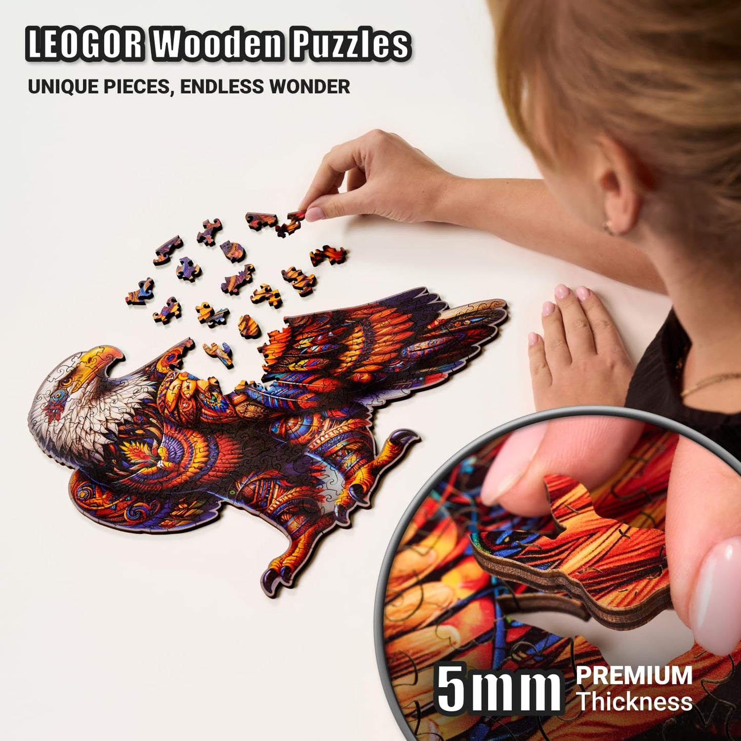 Vivid Eagle Odyssey - 200 Piece Wooden Puzzles for mature-themeds - 13.5 x 13 in - Extra-Thick 5 mm Wood Puzzle  Hand-Shaped Pieces  Iconic Bird Mosaic Design - enhanced Gift for Puzzle Lovers by LEOGOR