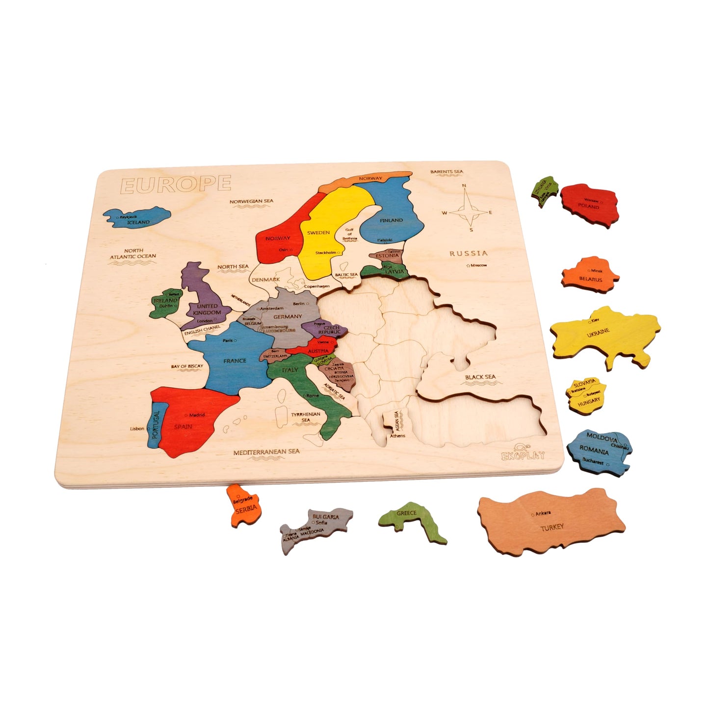 Ekoplay Europe Map Wooden Jigsaw Puzzle - 33 Pieces, Educational Toy for Kids Ages 3+, 27.5 cm x 32.5 cm