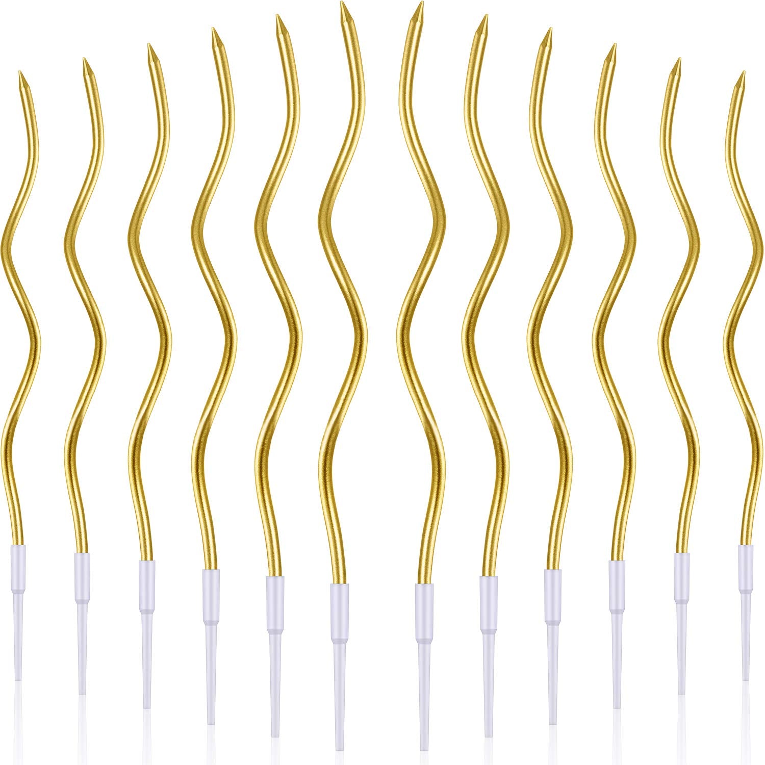BBTO 12 Pcs Twisted Birthday Candles Spiral Metallic Cupcake Thin Long Cake Candles with Holders for Birthday Wedding Party(Gold