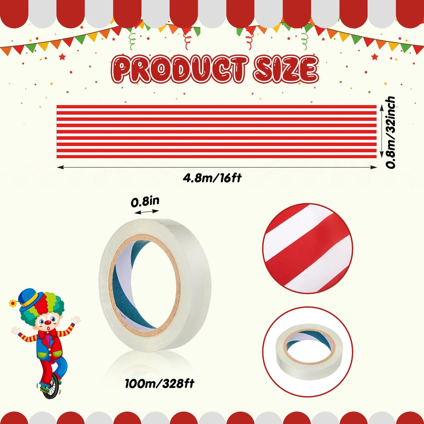 HunnmingRe Circus Halloween Decorations - 32" x 16ft Red & White Hanging Banner, Polyester Ceiling Decor for Parties & Classrooms
