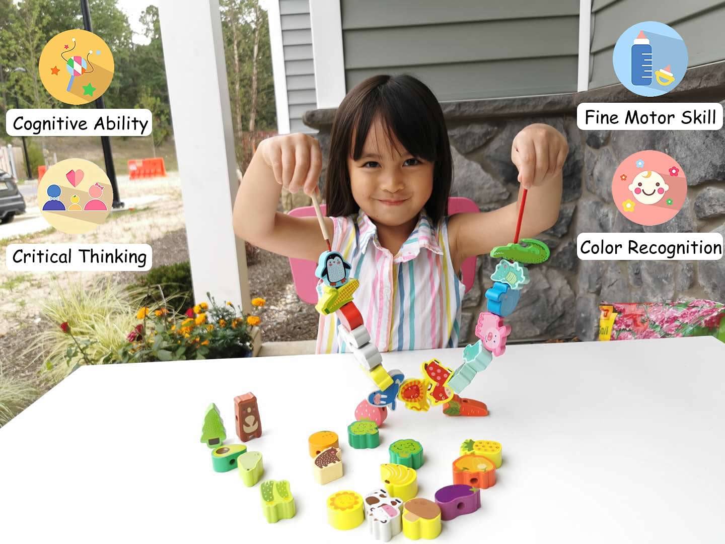 BMTOYS Montessori Wooden Stringing Beads Set - 42 Rainbow Farm Animals & Fruits for Toddlers 3-5 Years