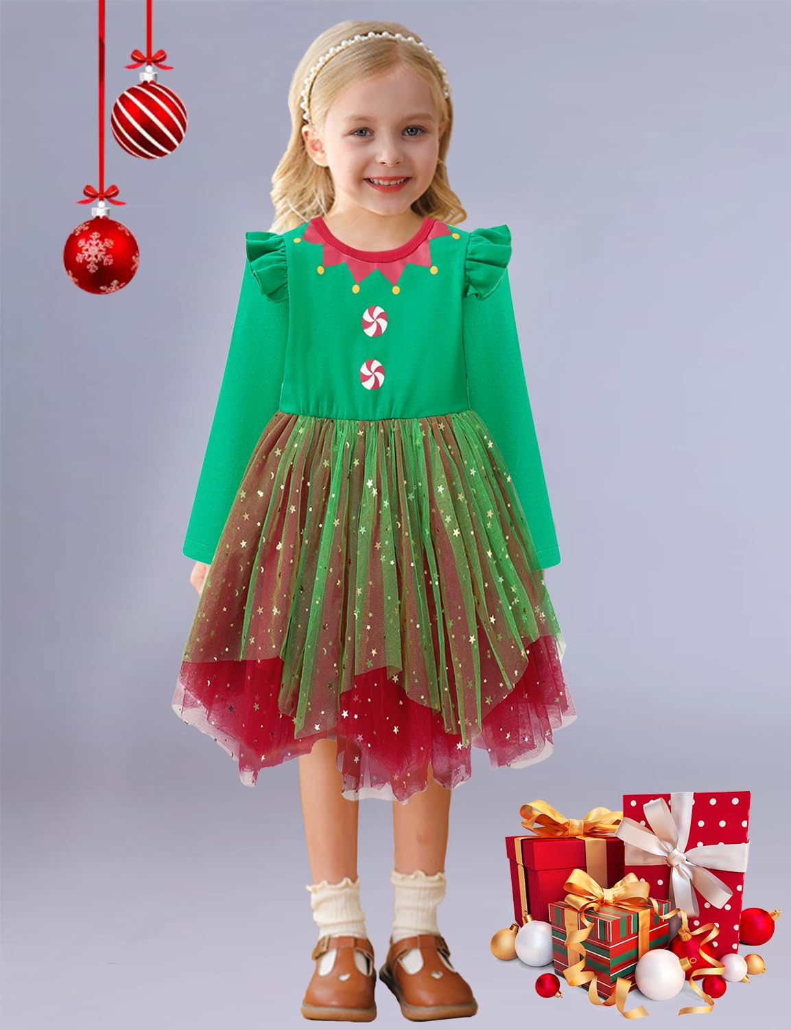 Agqt Toddler Girls Christmas Dresses Long Sleeve Xmas Outfit Santa Claus Elf Costume Princess Tulle Tutu Dresses Green Santa Elf