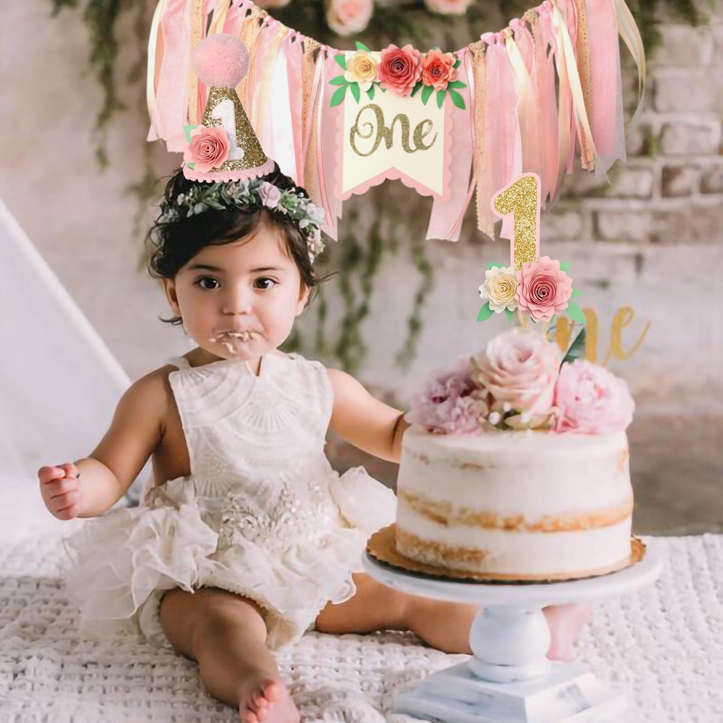Dusty Pink 1st Birthday High Chair Floral Banner Decor Boho Floral 1st Birthday Hat Decorations Cake Topper Baby Girl Banner Bab