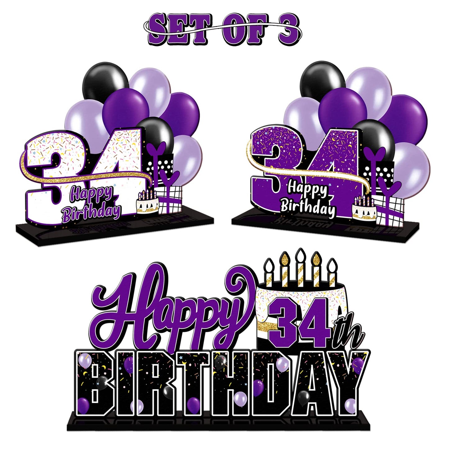Lingteer Happy 34Th Birthday Purple Acrylic Table Topper Centerpieces Set - Cheers To 34 Years Old Birthday 34Th Bday Party Gift Decorations.