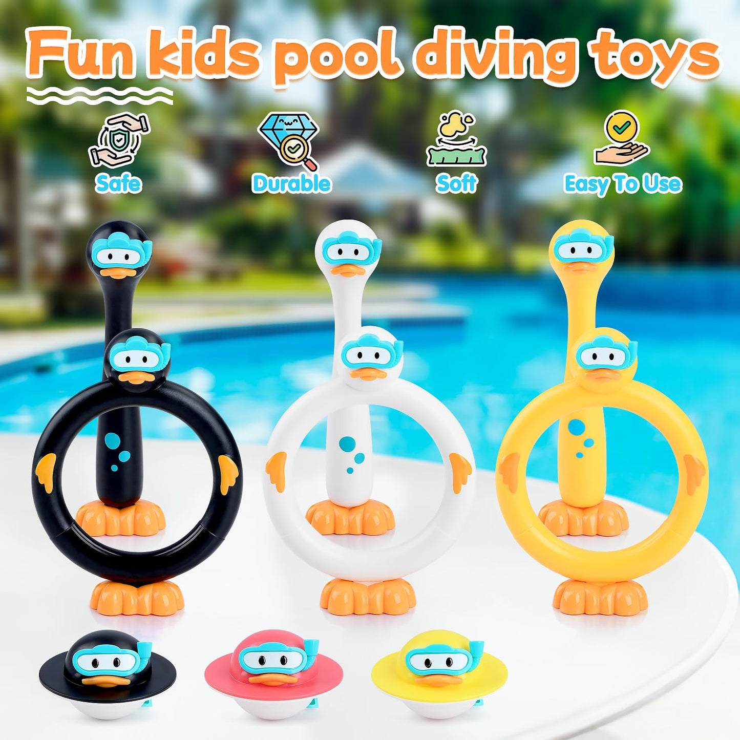 Weehomm Pool Diving Toys For Kids, 9 Pcs Swimming Pool Diving Rings, Summer Duck Dive Sticks With Duck Float Toys For Kids 4-8 8