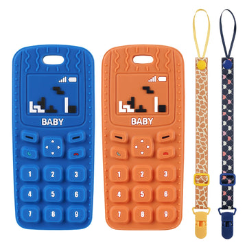 Aolso Baby Teether Toys, 2Pcs Silicone Phone Shape With 2Pcs Pacifier Clip, Soft Chew Toys For Boys Girls 0-18 Months, Teething 