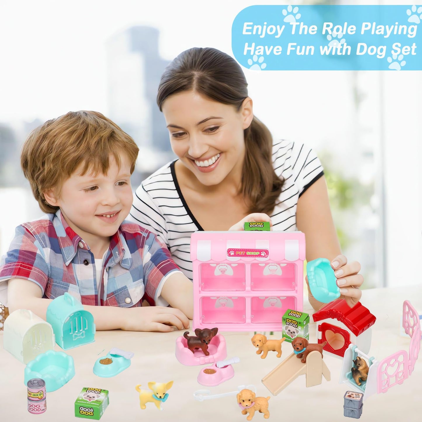 SweetAce 32Pcs Dog Toys for Kids Pretend Play Dog Figures Playset Toddlers Toy Interactive Puppy Role Play Set Realistic Dogs Ca