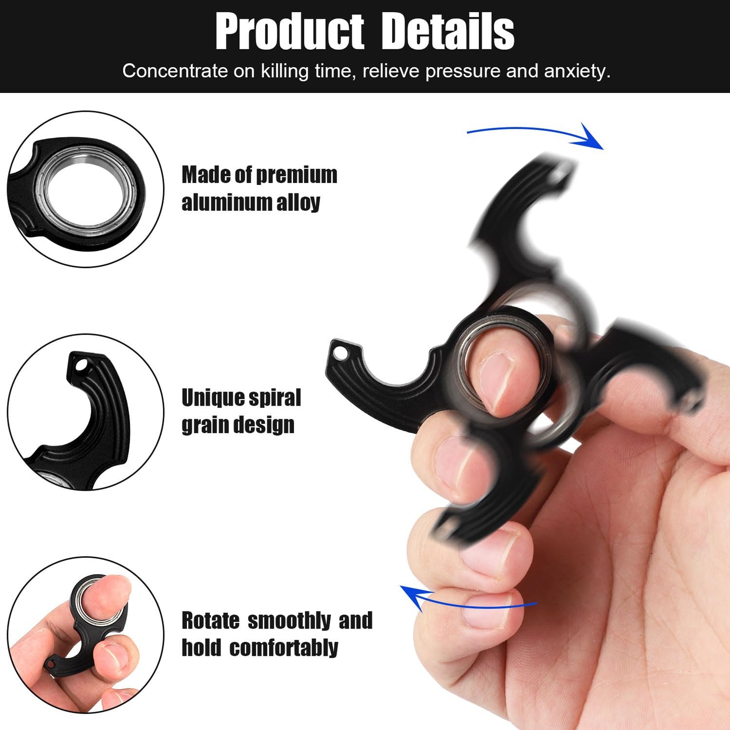 2Pcs Key Chain Spinner Toys 0.67' Inner Diameter With 2Pcs Key Rings, Finger Fidget Keychain Key Ring Spinner Toy Gifts For Kids Adults Finger Exercising Anxiety Relief (Black, Silver)