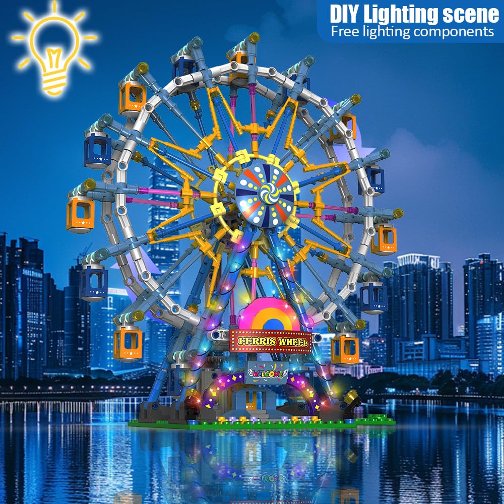 Benuefe Upgrade Rotating Ferris Wheel Building Blocks Set Toys For Kids With Light Carnival Amusement Park Construction Kits Bir