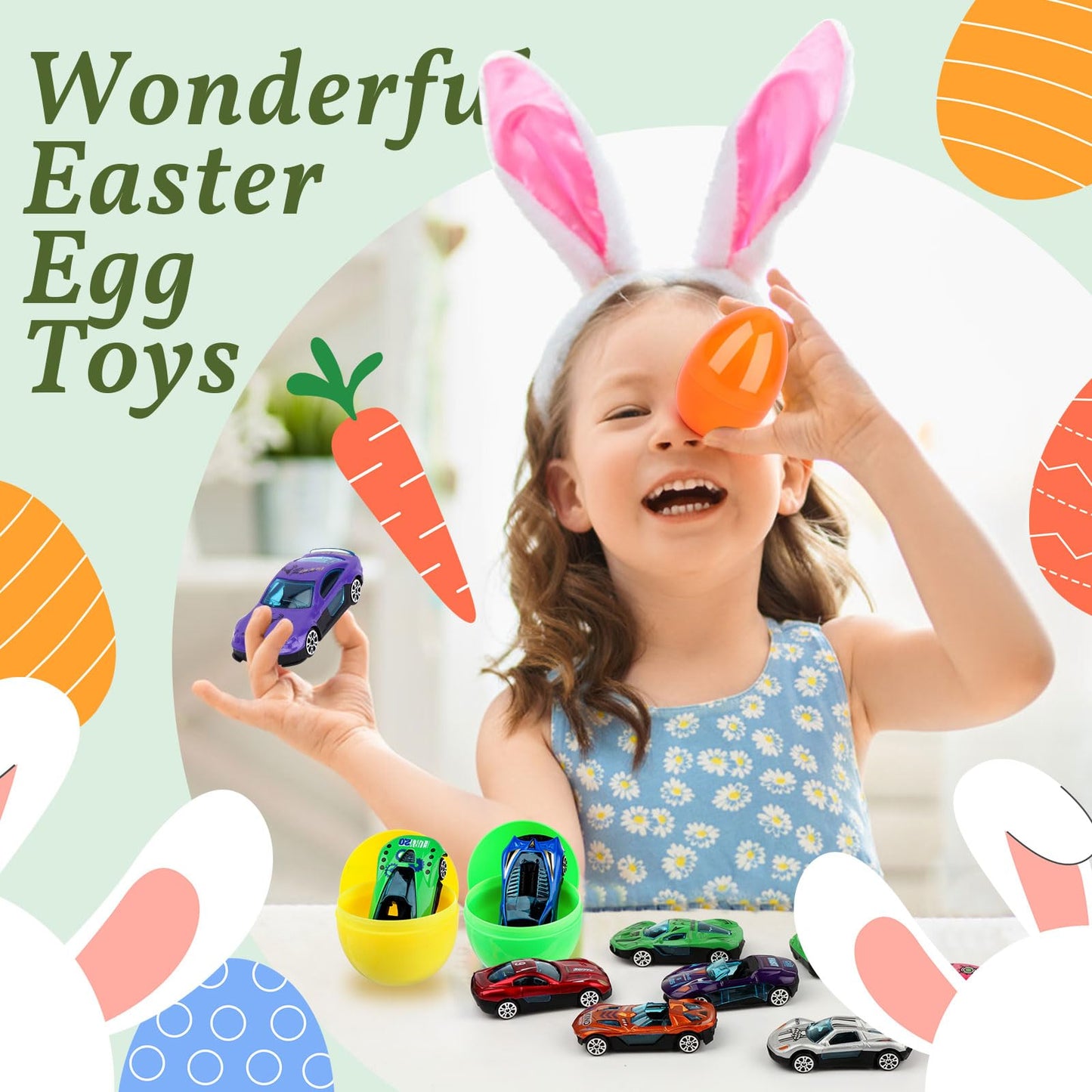 Konijiwa 12 Packs Prefilled Easter Eggs with Car Toys, Easter Basket Stuffer,Party Favors for Kids Classroom,Toys for 3+ Years O