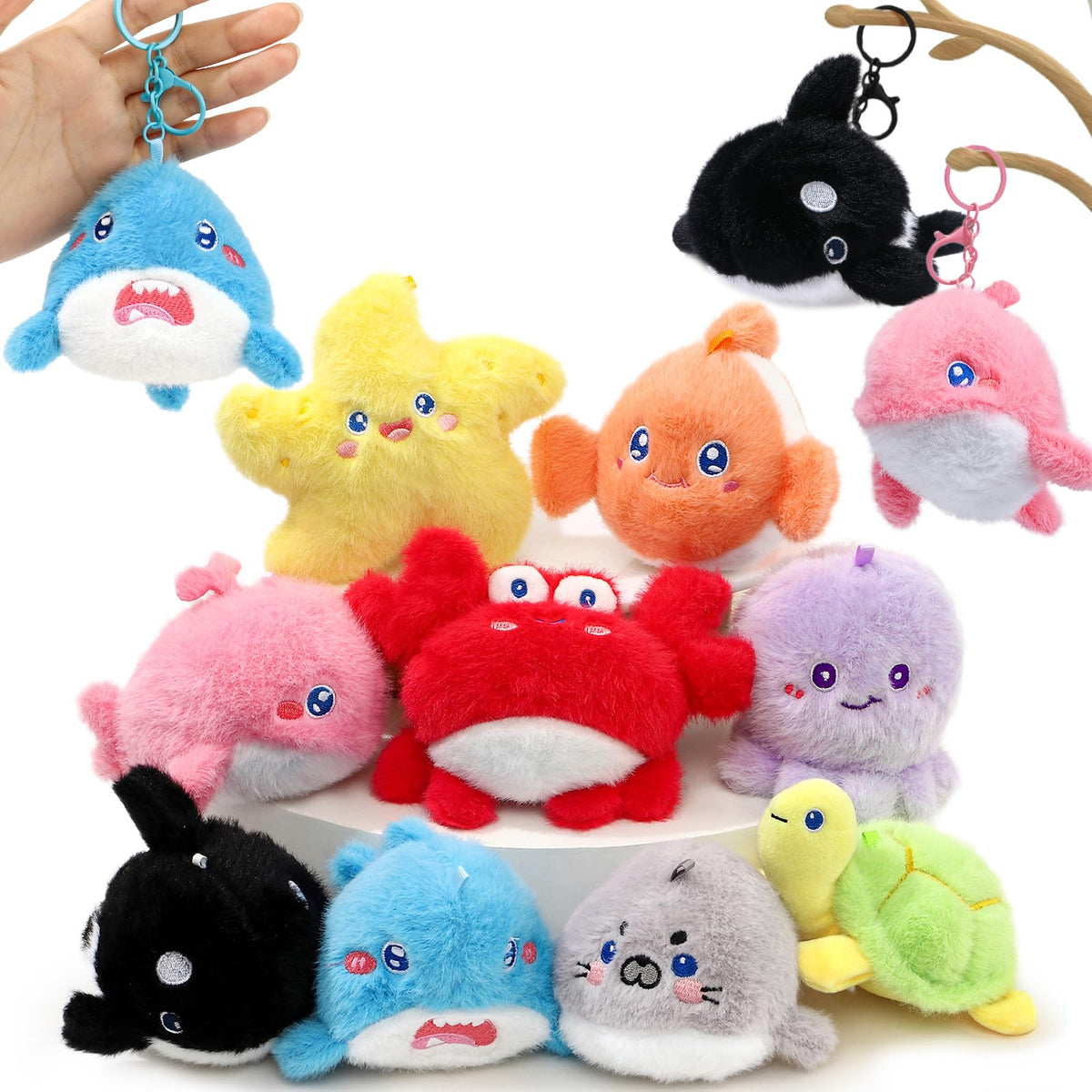 Golray 9Pcs Plush Ocean Stuffed Animals Keychain Under the Sea Party Favor Kids Bulk Toys Cute Fish Shark/Seal/Octopus Goodie Ba